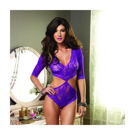 Floral Lace Deep-v Cut out  Teddy - Purple - One Size 
