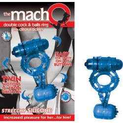 The Macho Double Blue Cock and Balls Ring with Clitoral Tickler - Blue