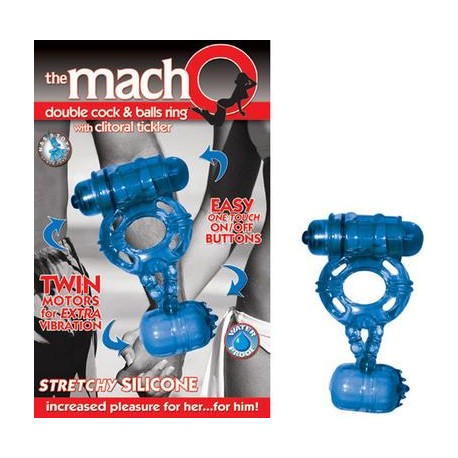 The Macho Double Blue Cock and Balls Ring with Clitoral Tickler - Blue
