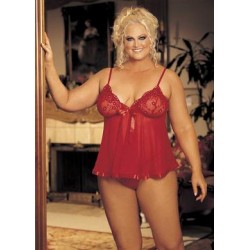 Sequin Embroidery and Sheer  Net Babydoll - Red - Queen  Size