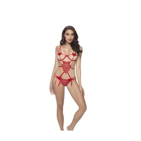 Open Cup Strappy Teddy W/floral Detail - Red -  One Size 