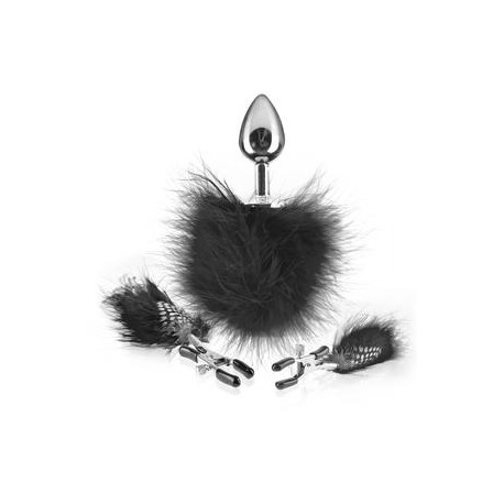 Fetish Fantasy Series Feather Nipple Clamps & Butt Plug - Black 