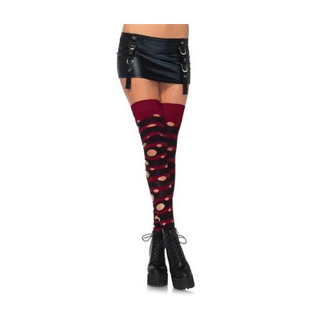 Distressed Striped Thigh Highs - Black/ Burgundy - One Size 
