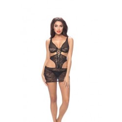Lace Deep Plunge Babydoll & G-string - Black -  One Size  