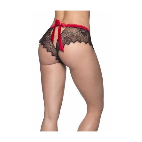 Open Back Lace Shorty W/ Satin Tie - Black/ Red -  Small/ Medium 