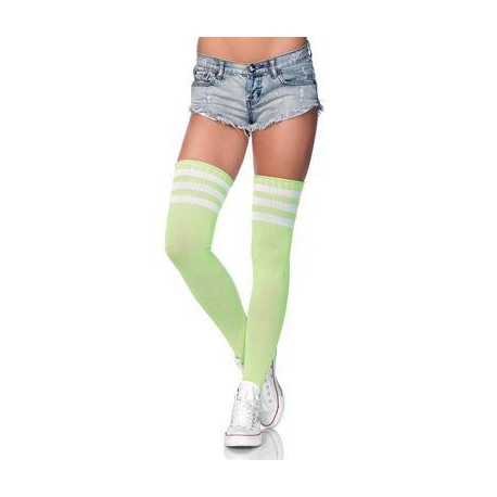 3 Stripes Athletic Ribbed Thigh Highs - Neon Green - One Size 