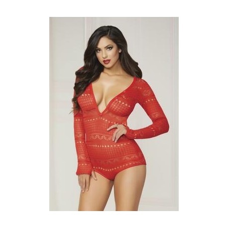Knit Long Sleeve Romper - Red - Small   