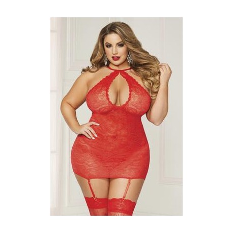 Lace Halter Chemise - Red - Queen One Size  