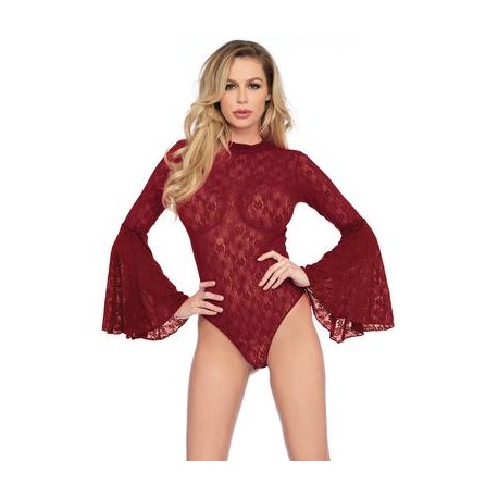 High Neck Stretch Lace Bell Sleeve Bodysuit - One  Size - Burgundy 