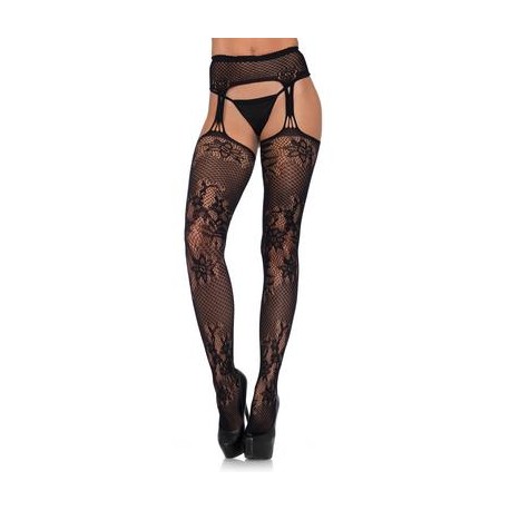Patchwork Floral Lace Stockings with Attached  Garterbelt - One Size - Black 