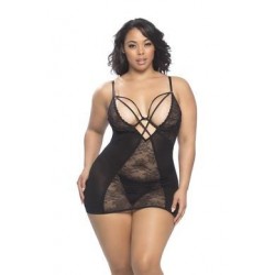 Lace and Mesh Babydoll W/ Underwire  and Neck Straps + G-string  - 3x/4x - Black 