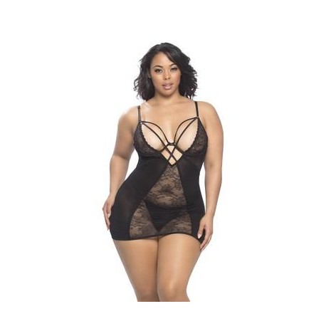Lace and Mesh Babydoll W/ Underwire  and Neck Straps + G-string  - 1x2x - Black 
