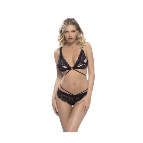 Lace Peekaboo Cup Bra & Crotchless Panty  W/ Snap Details - One Size - Black 