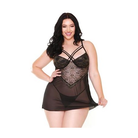Marissa Mesh and Lace Chemise & G-string -  Black - 3x4x 