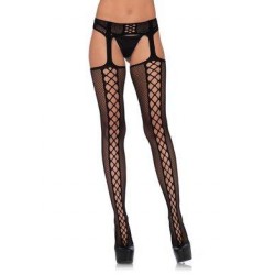 Faux Lace Up Dual Net Backseam Stockings  W/ Attached Garterbelt - Black - One Size 