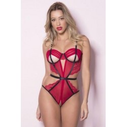 Crotchless Mesh Teddy W/ Open Back - Red/ Black  - One Size 
