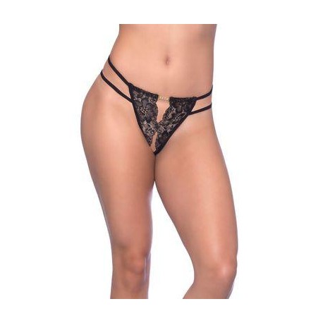 Crotchless Lace Thong with Rhinestone Detail - One Size - Black 