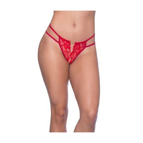 Crotchless Lace Thong with Rhinestone Detail - One Size - Red 
