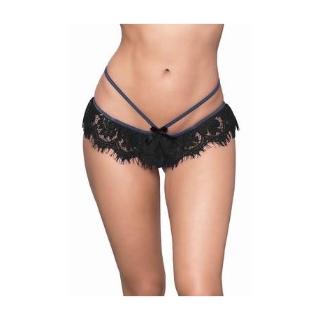 Crotchless Eyelash Lace Panty with Ruffle - One Size - Black 