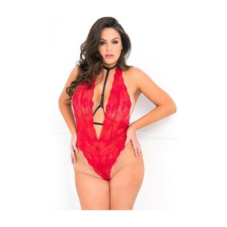 Front Focus Lace and Straps Choker Teddy - 1x2x - Red 