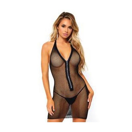 Fishnet Zipper Dress - One Size - Black  