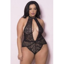 Soft Lace Collard Teddy with Front Keyhole and Open Back - Large/extra Large - Black 