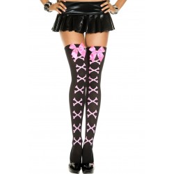 Cross Bone and Satin Bow Opaque Thigh Hi - One Size - Black / Pink