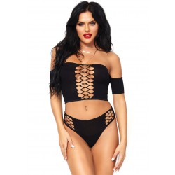 2 Pc Opaque Crop Top With Net Detail and Matching Thong Back Bottoms - One Size - Black