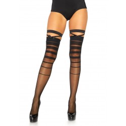 Spandex Sheer Halftone Striped Thigh Highs With Bow and Garter Detail - One Size - Black