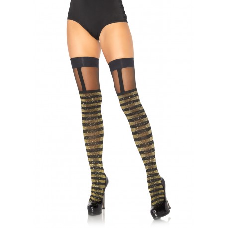 Lurex Opaque Striped Thigh Highs With Sheer Garter Top - One Size - Black/gold