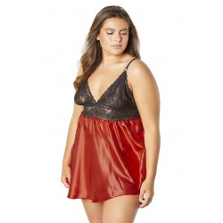 Lace Cup Satin Empire Body Babydoll With Contrast Color Piping + G-String - Black/red - 1x2x