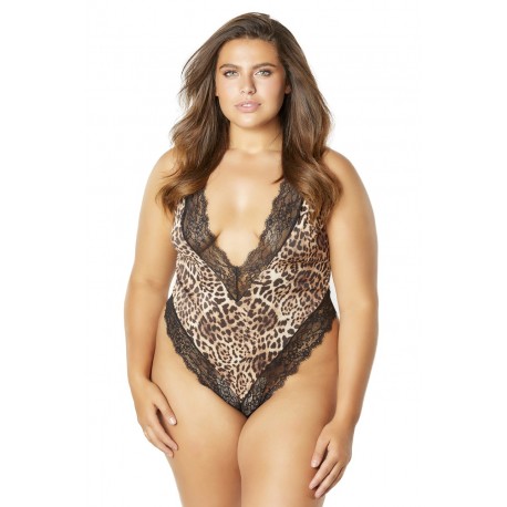Printed Teddy With Lace Trimmed Plunging Neckline - Leopard/black - 3x4x