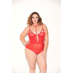 Soft Cup Mesh &amp; Lace Teddy W/choker - Red - 1x