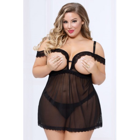 Lace and Mesh Babydoll and Thong - Black - 1x2x