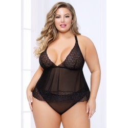 Lace and Mesh Camidoll and Panty - Black - 3x4x