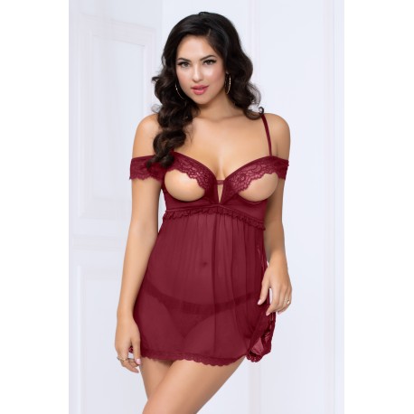 Lace and Mesh Babydoll and Thong - Wine - Large