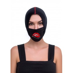 Face/ Neck Bandana Reversable- Black/ Red Lips Print - One Size