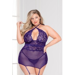 Lace and Mesh Chemise Set - Queen Size - Purple