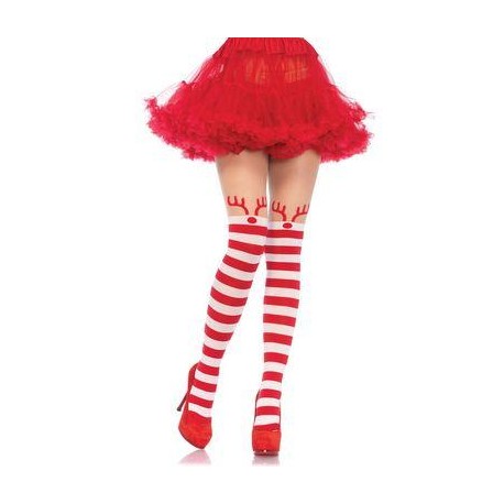 Rudolph Reindeer Opaque Striped Pantyhose with Sheer Thigh High Accent