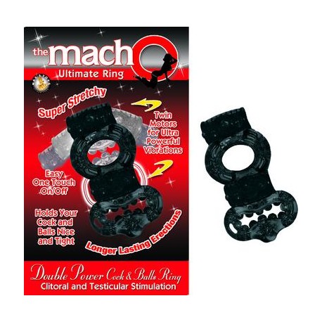 The Macho Collection Double Power Cock and Balls Ring- Black 