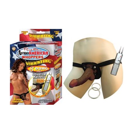 Afro American Whoppers  Vibrating 8-inch Dong with Universal Harness - Brown