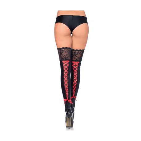 Wet Look Thigh Highs with Scalloped Top and Ribbon Lace Up Backseam - Medium/large