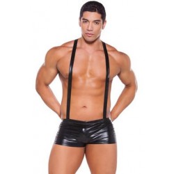 Wet Look Suspender Shorts -  Black - One Size 